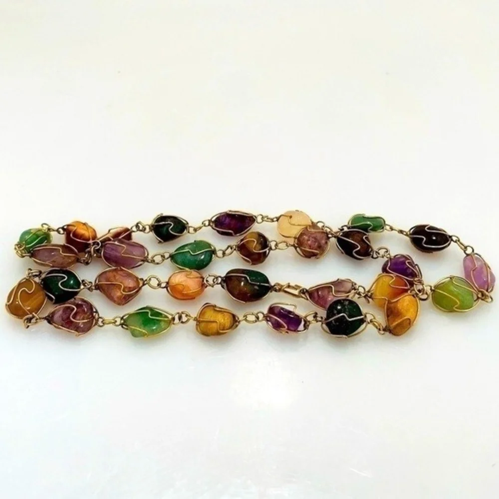 Vintage Gold Tone Wire Caged Multi Gemstone Statement Necklace 30.5